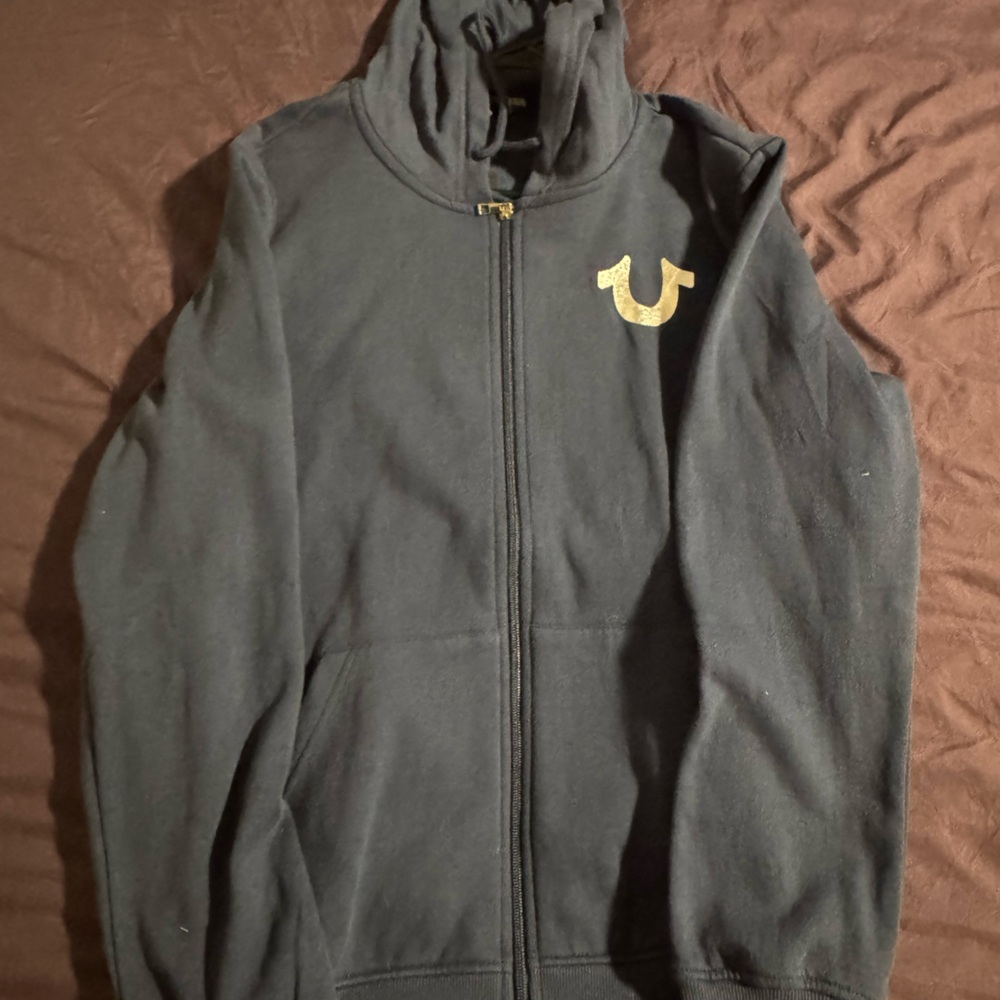 True Religion Black Zip Up Sweater with Gold Logo